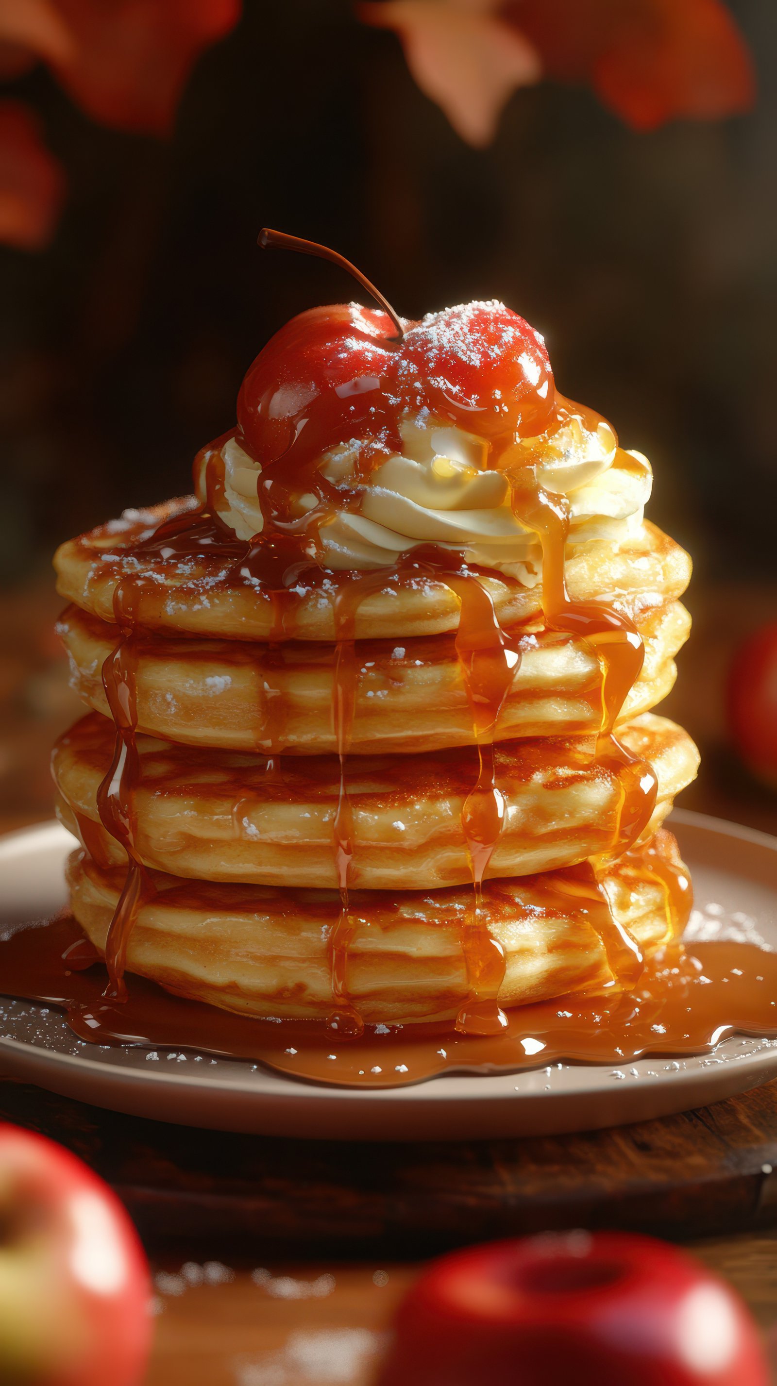 Delicious stack of fluffy pancakes topped with cherry and syrup during autumn season